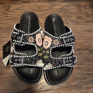 New House of Harlow 1960 Black and Multicolor Beaded Sandals Hand beaded 9.5